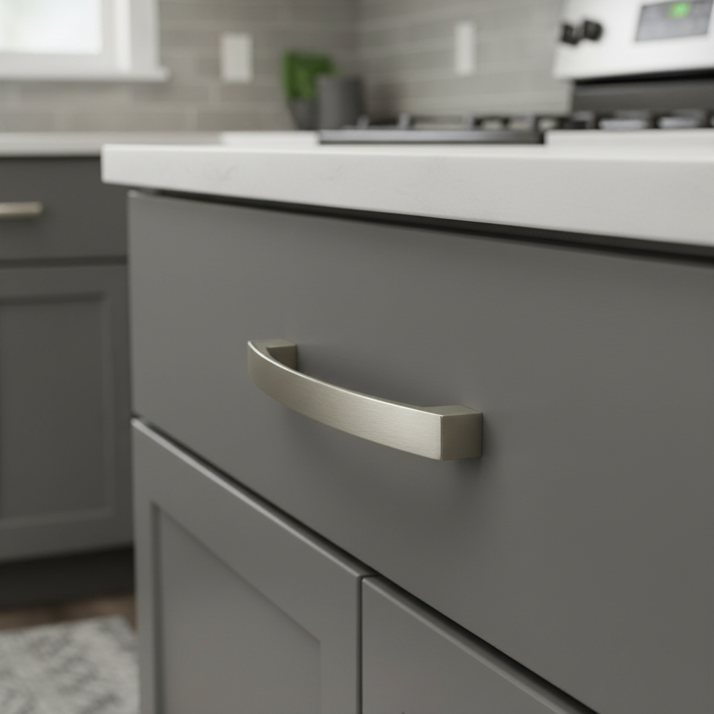 Gray kitchen cabinet with a metallic handle in a modern kitchen setting