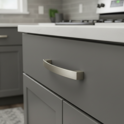Gray kitchen cabinet with a metallic handle in a modern kitchen setting