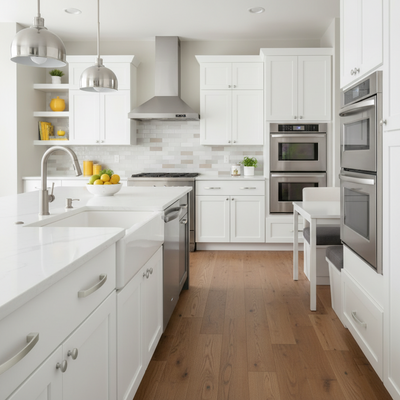 Modern kitchen with white cabinets, stainless steel appliances, and wooden floor.