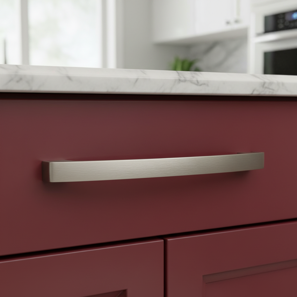 silver curved cabinet handle on a ruby cabinet drawer 