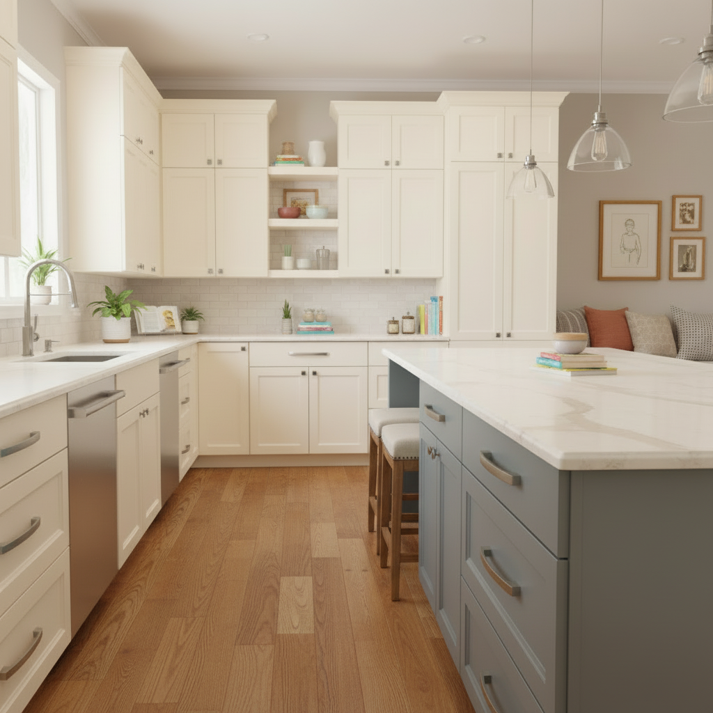 Modern kitchen with white cabinets,  satin nickel modern handles, gray island, and wooden floor.