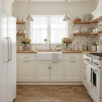 White kitchen with satin nickel cabinet pulls 