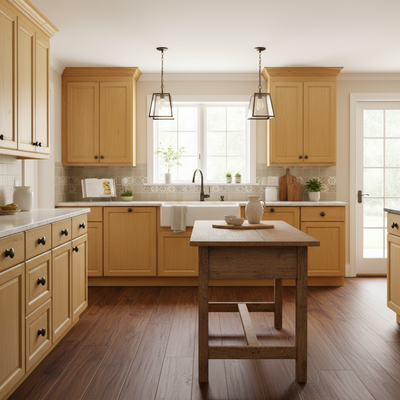 brown round knob on yellow cabinets in a colonial modern kitchen 
