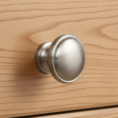satin nickel cabinet knob on a wooden surface