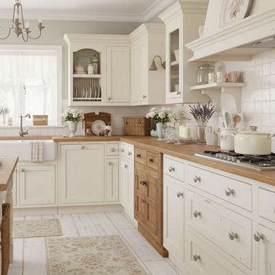 Modern kitchen with white cabinets, wooden countertops, and decorative elements.