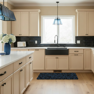 Kitchen counter with beige cabinets, black tile backsplash, and decorative items.