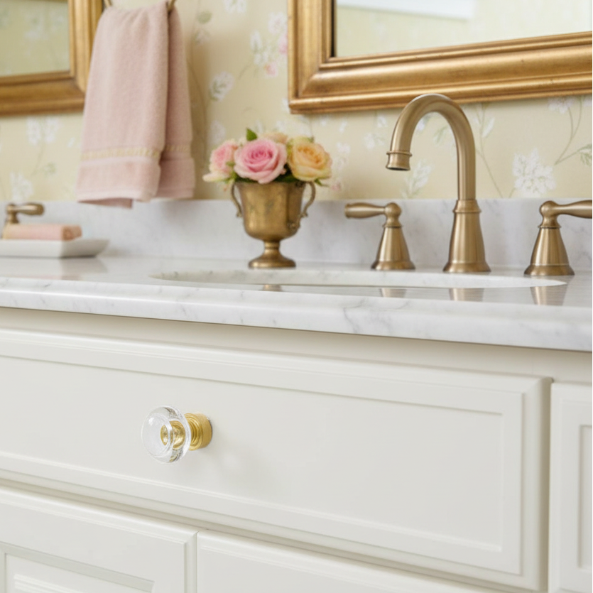 Cosmas 6355BB-C Brushed Brass &amp; Clear Glass Round Cabinet Knob