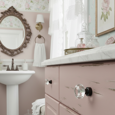 glass cabinet knob on a pink vanity, mirror, and sink.