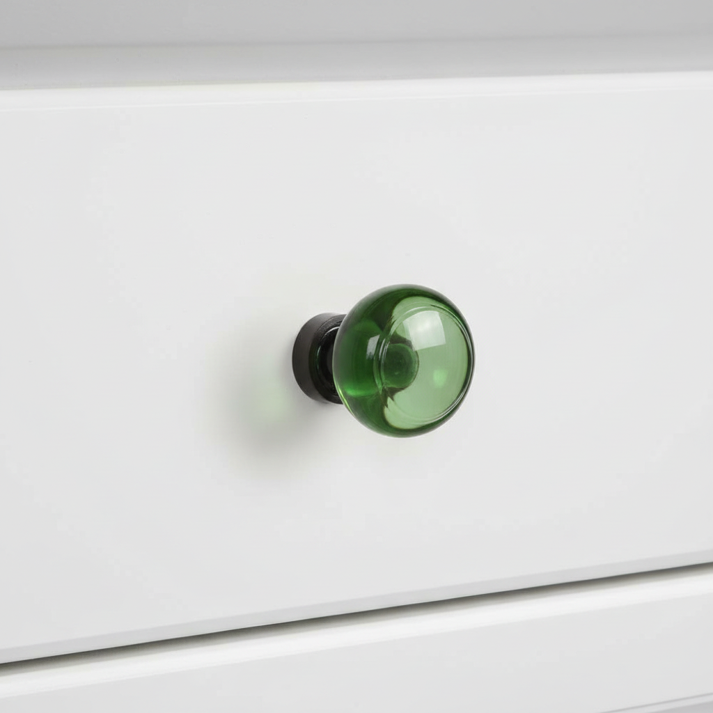 green glass cabinet knob with oil rubbed bronze base on a white cabinet drawer 
