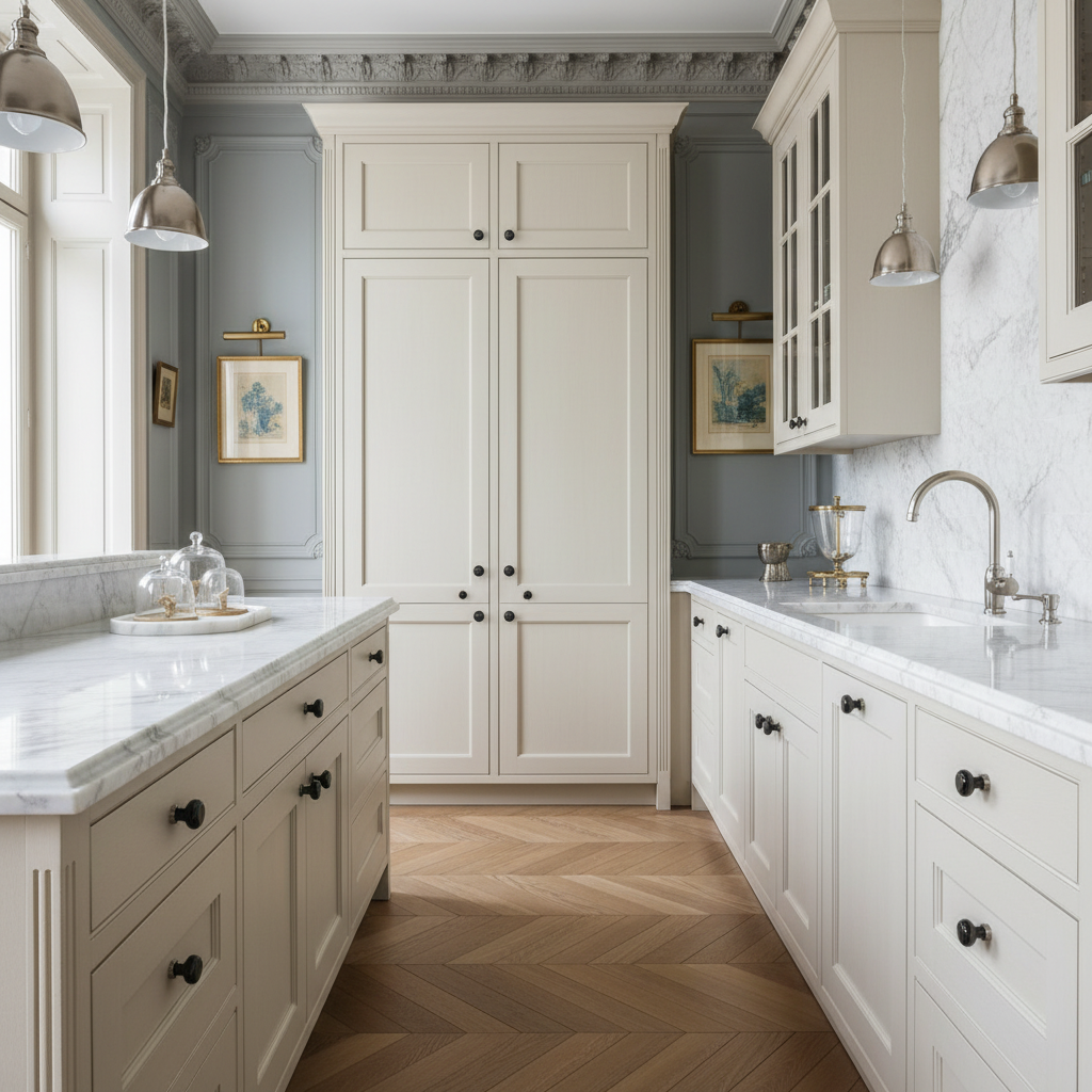Modern kitchen with white cabinets, marble countertops, and wooden flooring.