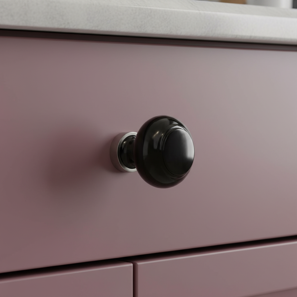 Black glass drawer knob with satin nickel base on a deep pink cabinet drawer