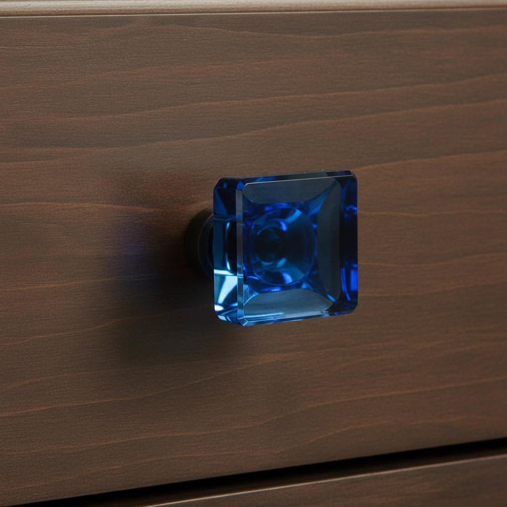 Blue glass cabinet knob installed on a dark teak cabinet drawer 
