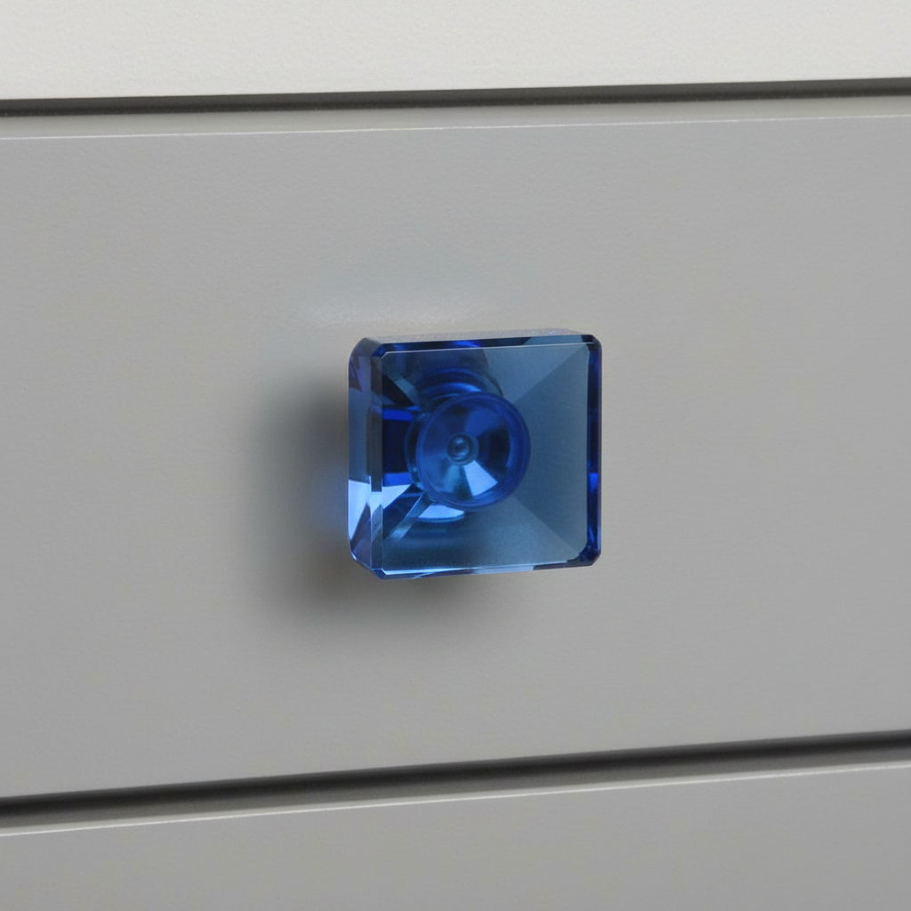 Blue crystal knob on a gray cabinet