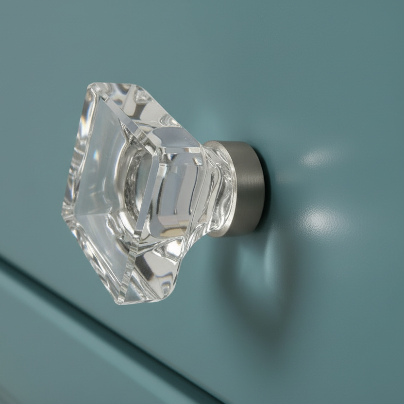 Clear glass cabinet knob on a teal cabinet door