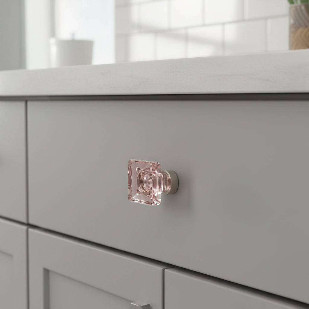 Cosmas 6377SN-P Satin Nickel &amp; Pink Glass Square Cabinet Knob