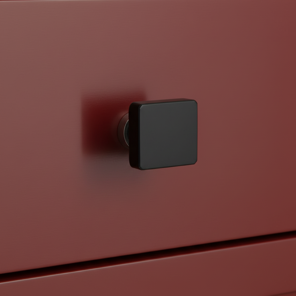Black square cabinet knob on a red-brown drawer