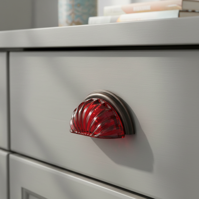 Red glass cabinet pull on a soft gray vanity drawer