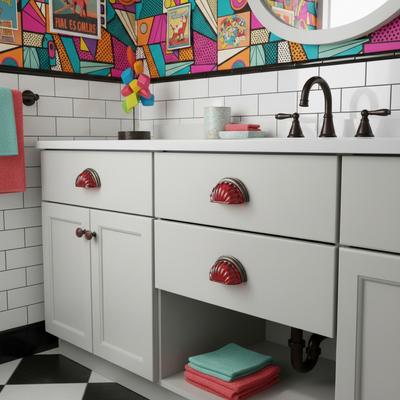 Red glass cabinet pulls installed on a funky art deco bathroom vanity with colorful tiles and a checkered floor.
