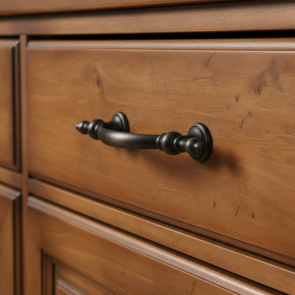 antique cabinet oil rubbed bronze on a wood drawer 