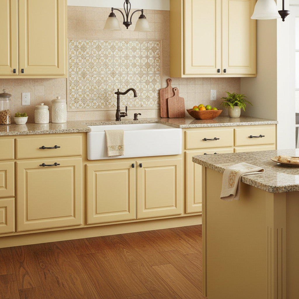 yellow kitchen with oil rubbed bronze cabinet pulls 
