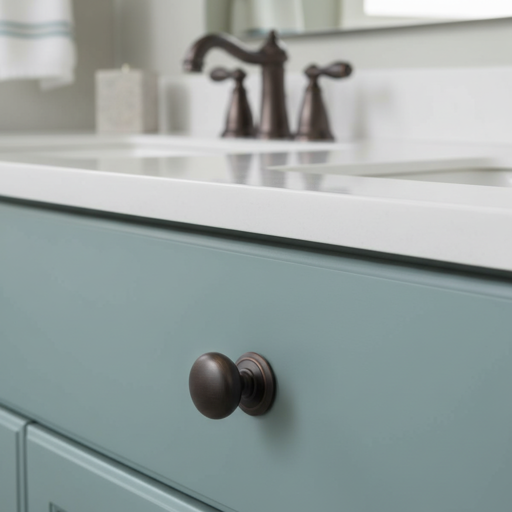 round cabinet knob in oil rubbed bronze on a teal cabinet drawer 