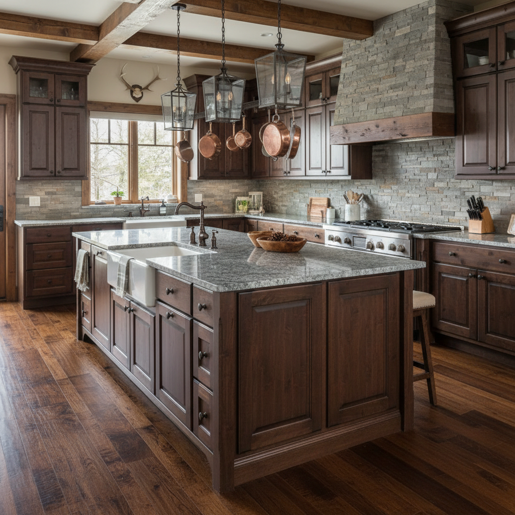 oil rubbed bronze cabinet knob on a wood cabinet in a swiss lodge kitchen 
