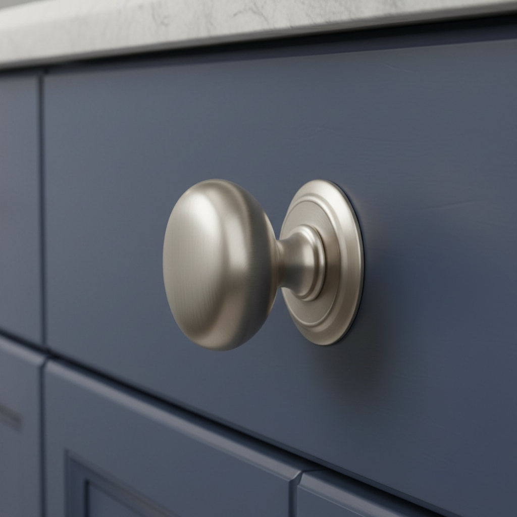 Silver cabinet knob on a blue cabinet