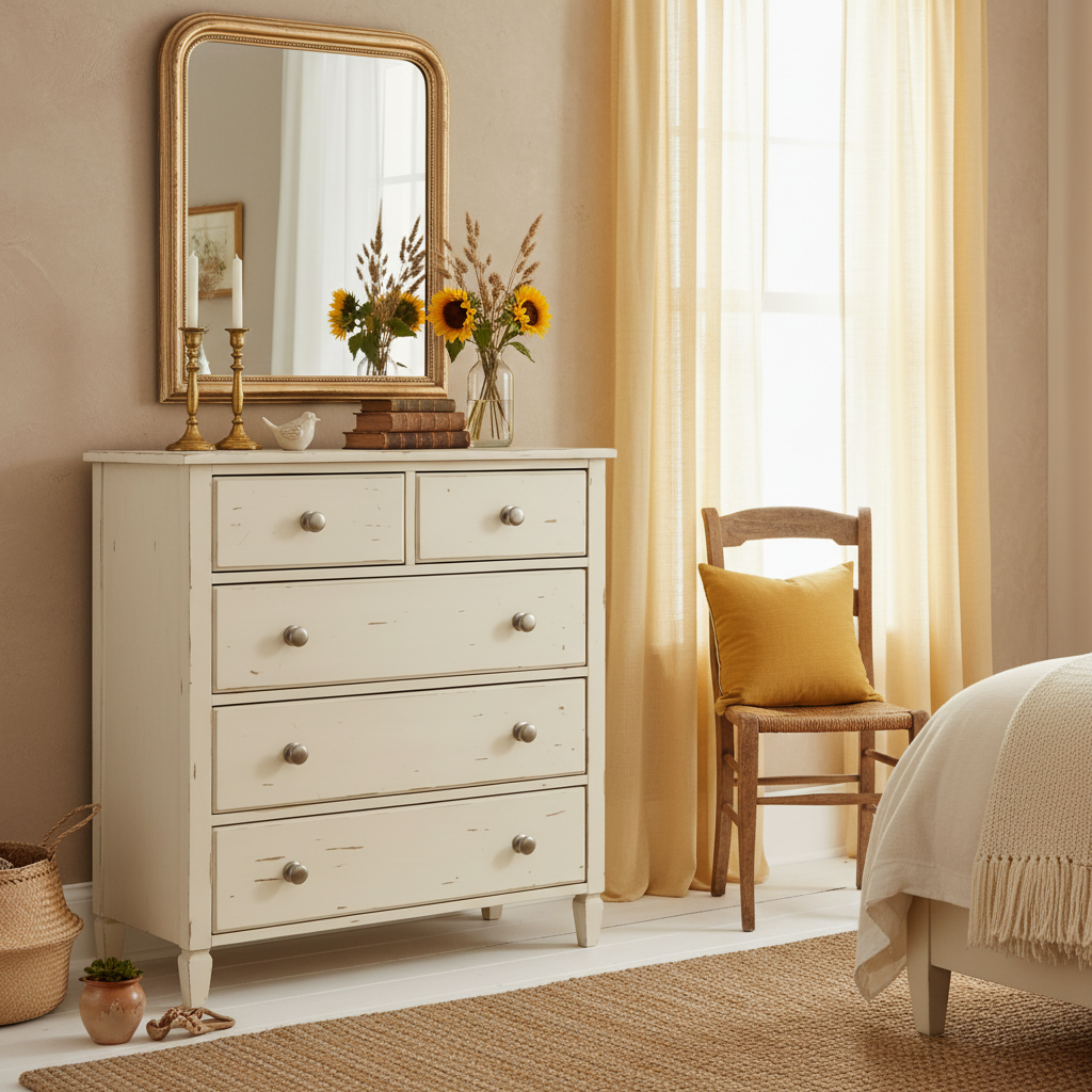 Beige dresser with mirror in a bedroom setting with curtains and chair.