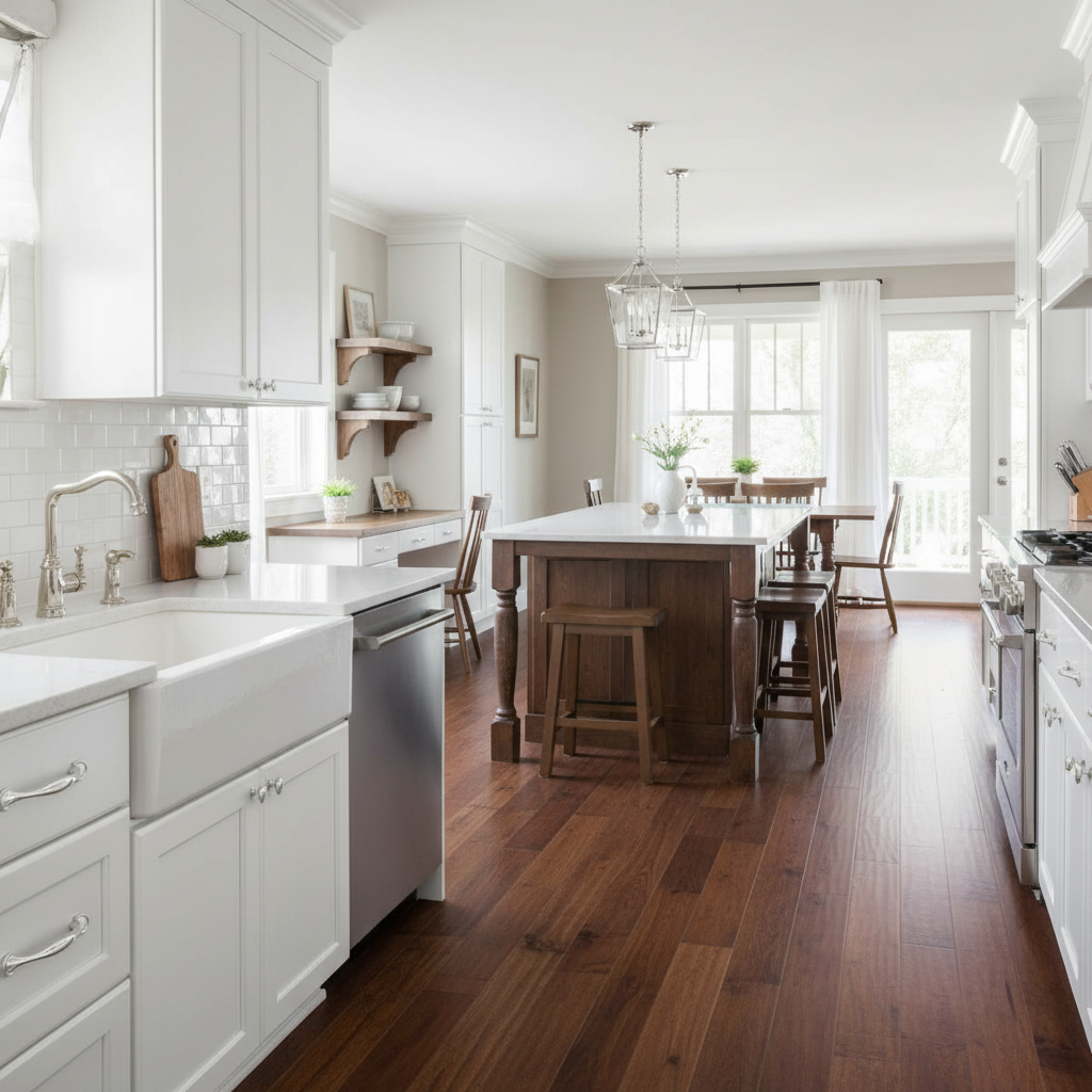 Polished metal handle in a farmhouse kitchen 