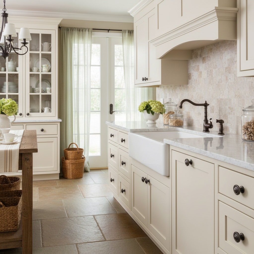 Dark brown cabinet knob on a white cabinets in an antique kitchen 