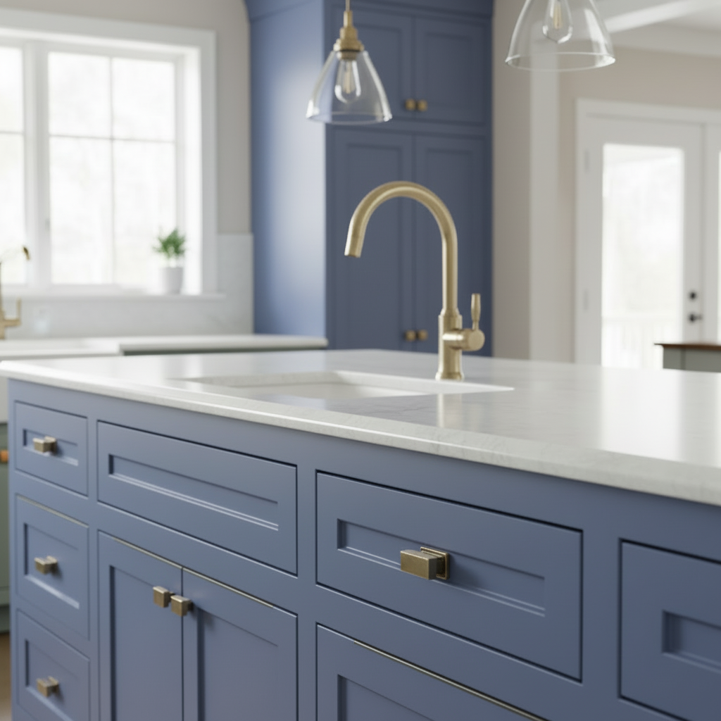 Modern kitchen with blue cabinets, white countertop, and gold fixtures.
