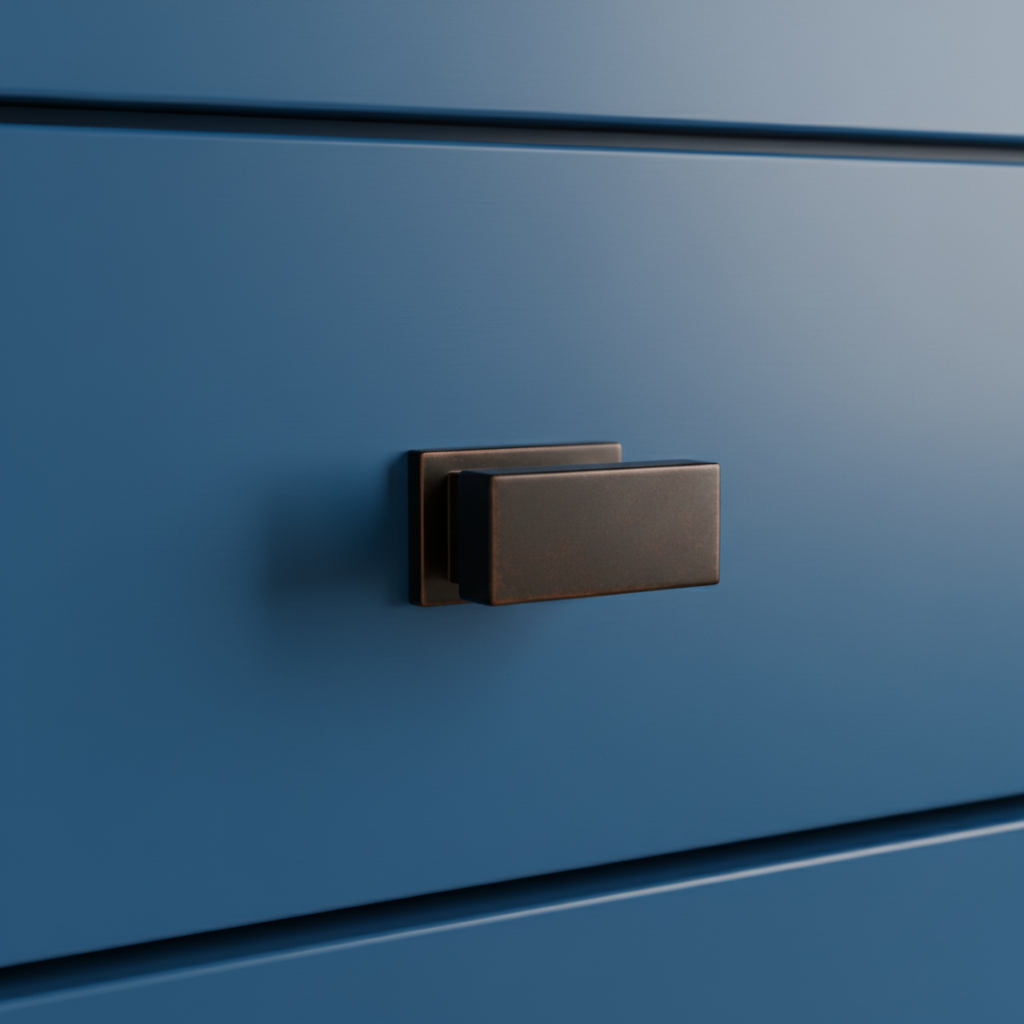 oil rubbed bronze rectangular handle on a blue cabinet