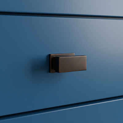 oil rubbed bronze rectangular handle on a blue cabinet