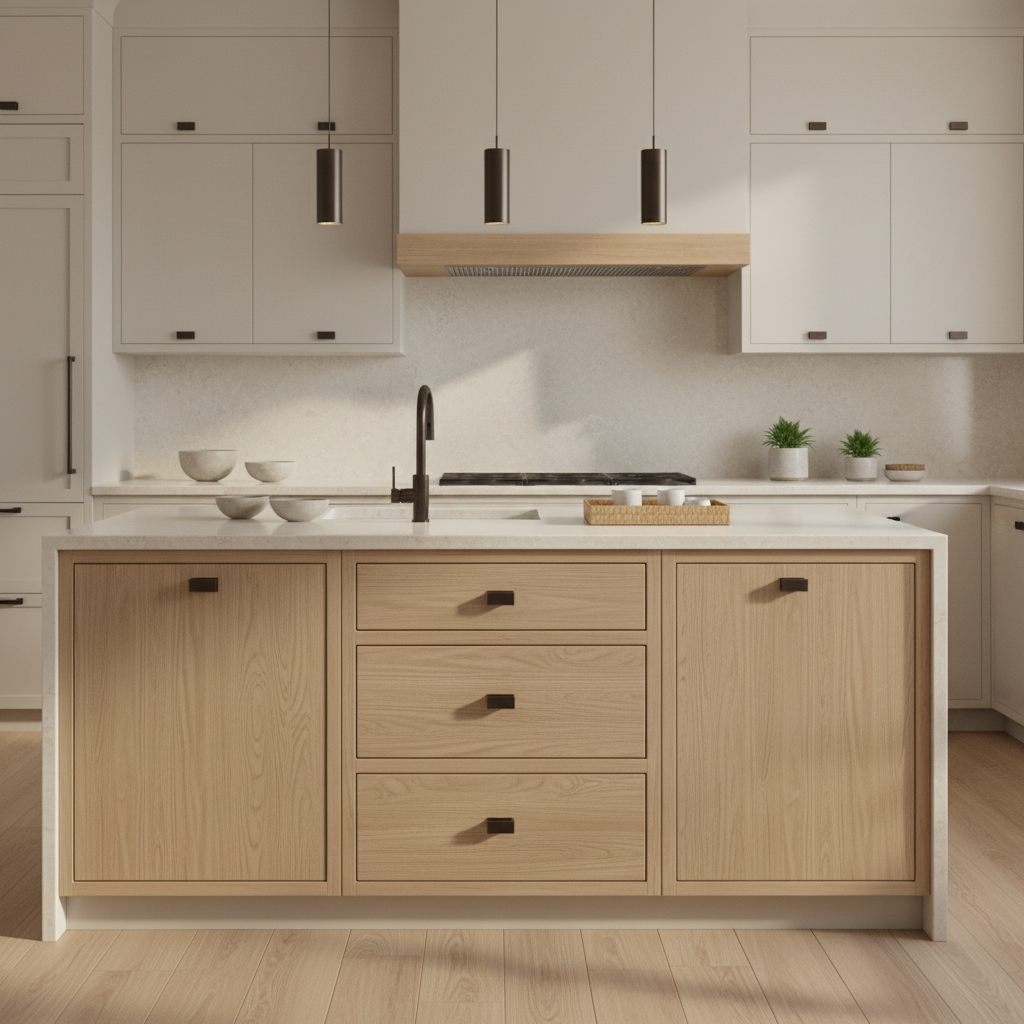 oil rubbed bronze handles on a zen kitchen with wooden island and white cabinets