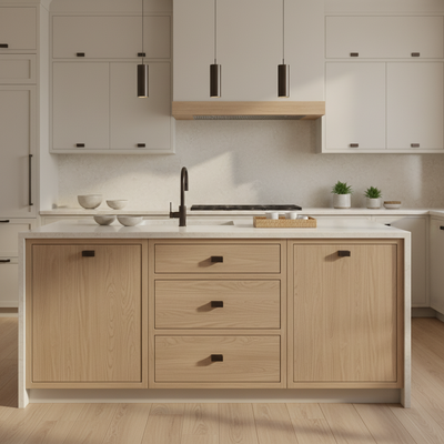 oil rubbed bronze handles on a zen kitchen with wooden island and white cabinets
