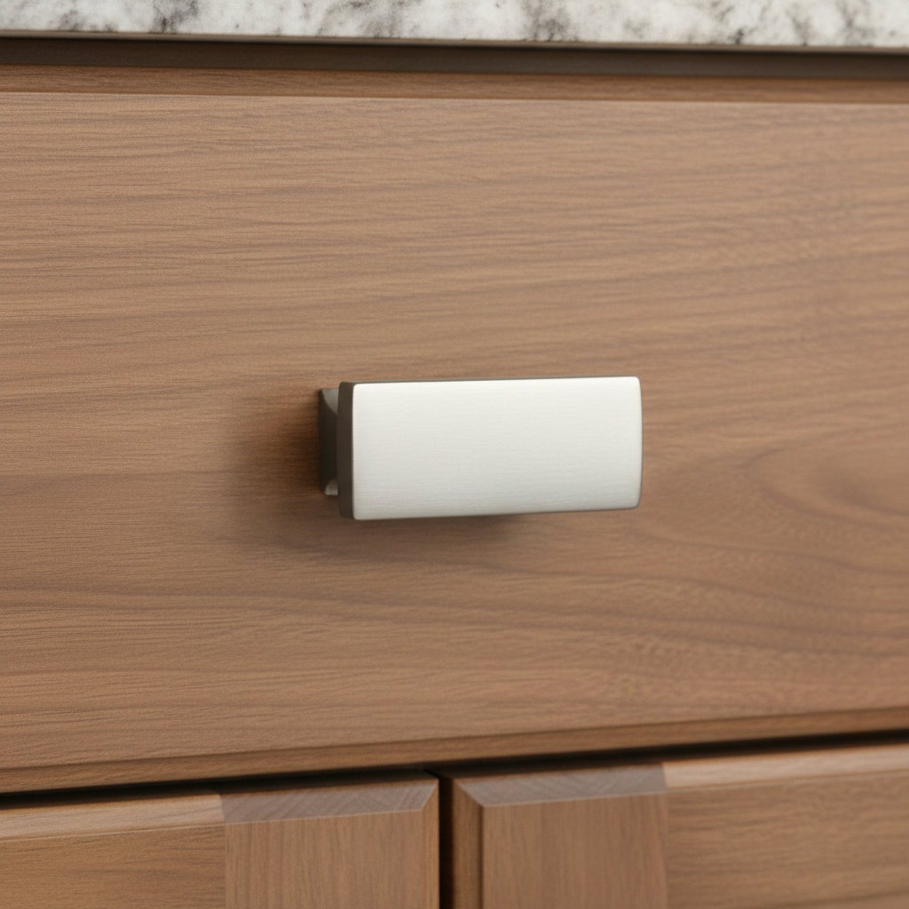 Wooden drawer with a metallic handle on a kitchen counter.
