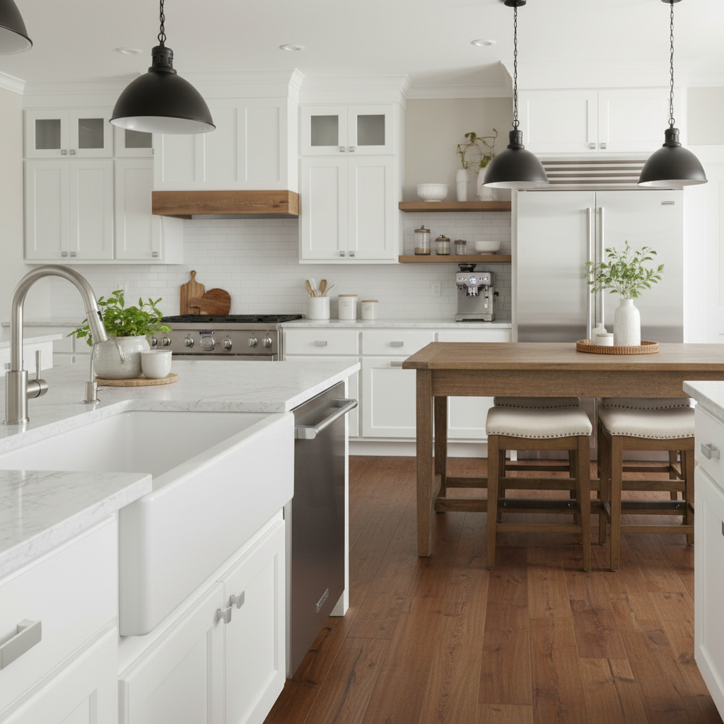 Modern kitchen with white cabinets, wooden table, and stainless steel appliances.