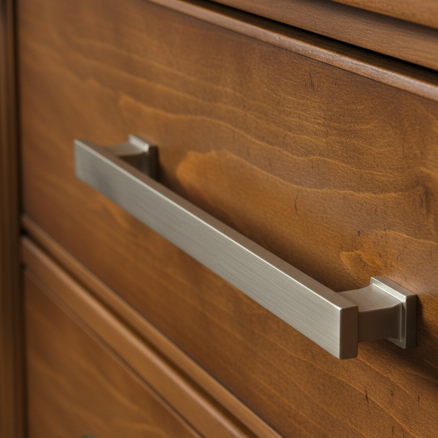 Cabinet handle with square design on a white background