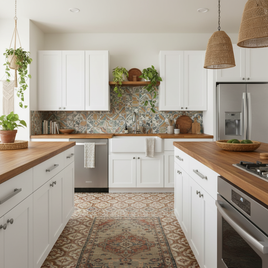 Modern kitchen with white cabinets, wooden countertops, and a patterned rug.