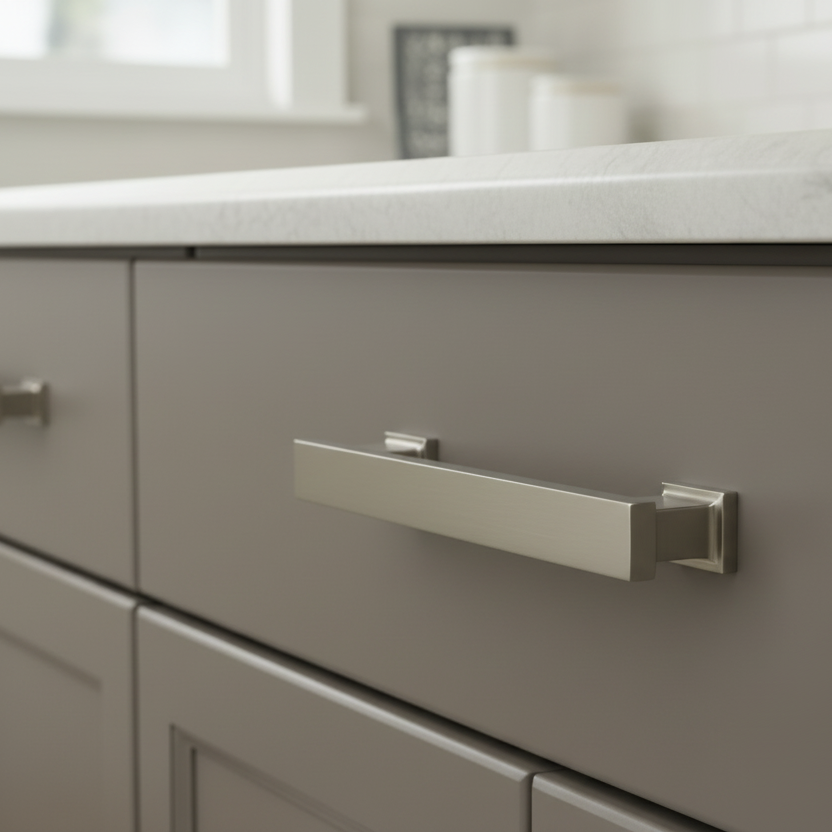 Close-up of a kitchen cabinet with a handle on a light gray cabinet.