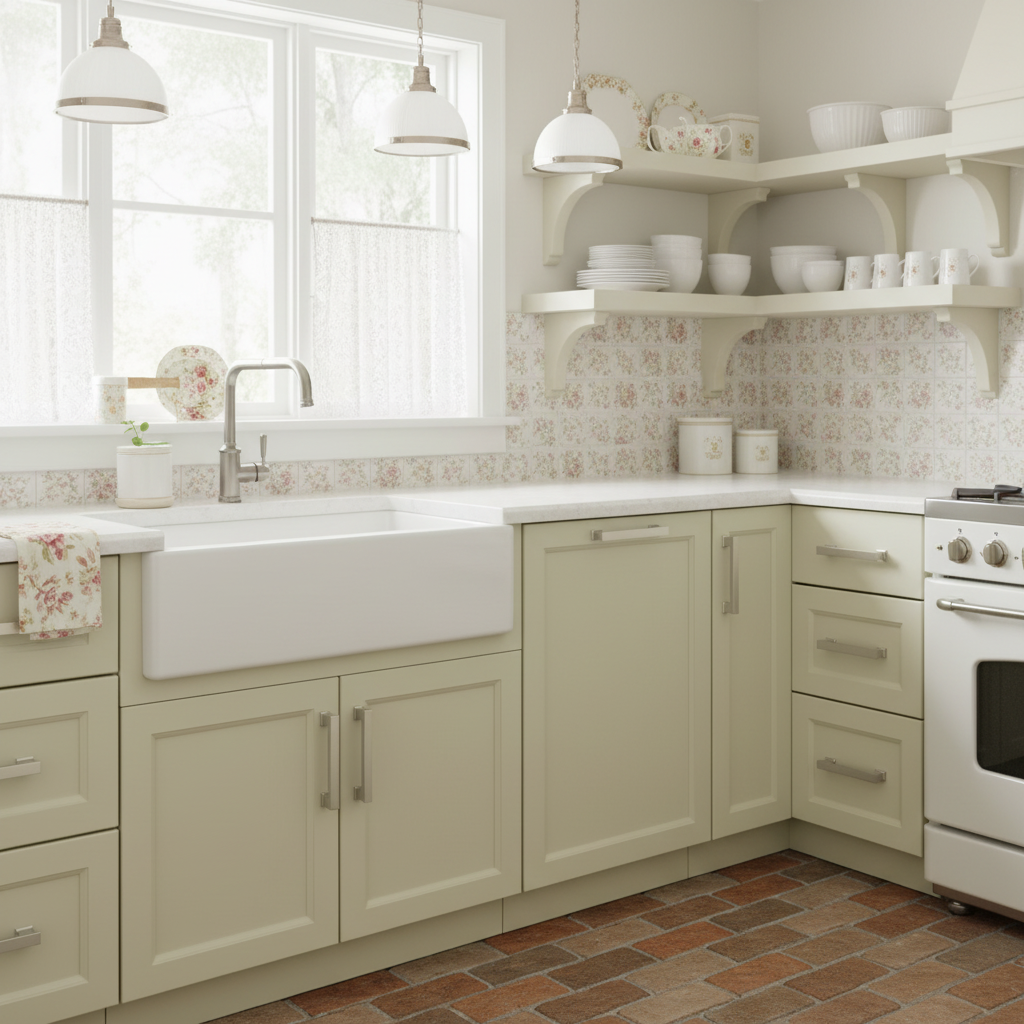 Modern kitchen with white cabinets, a sink, and shelves with decorative items.