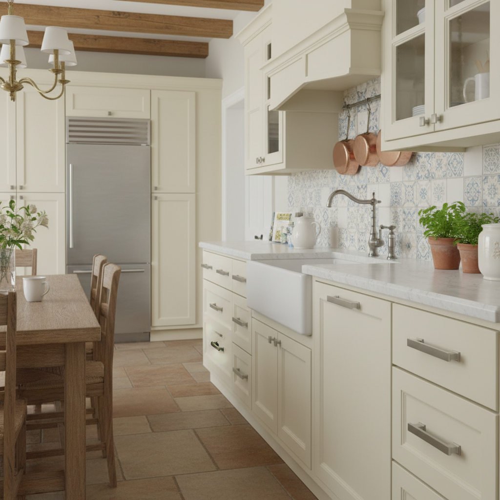 Modern kitchen with white cabinets, stainless steel appliances, and a dining area.