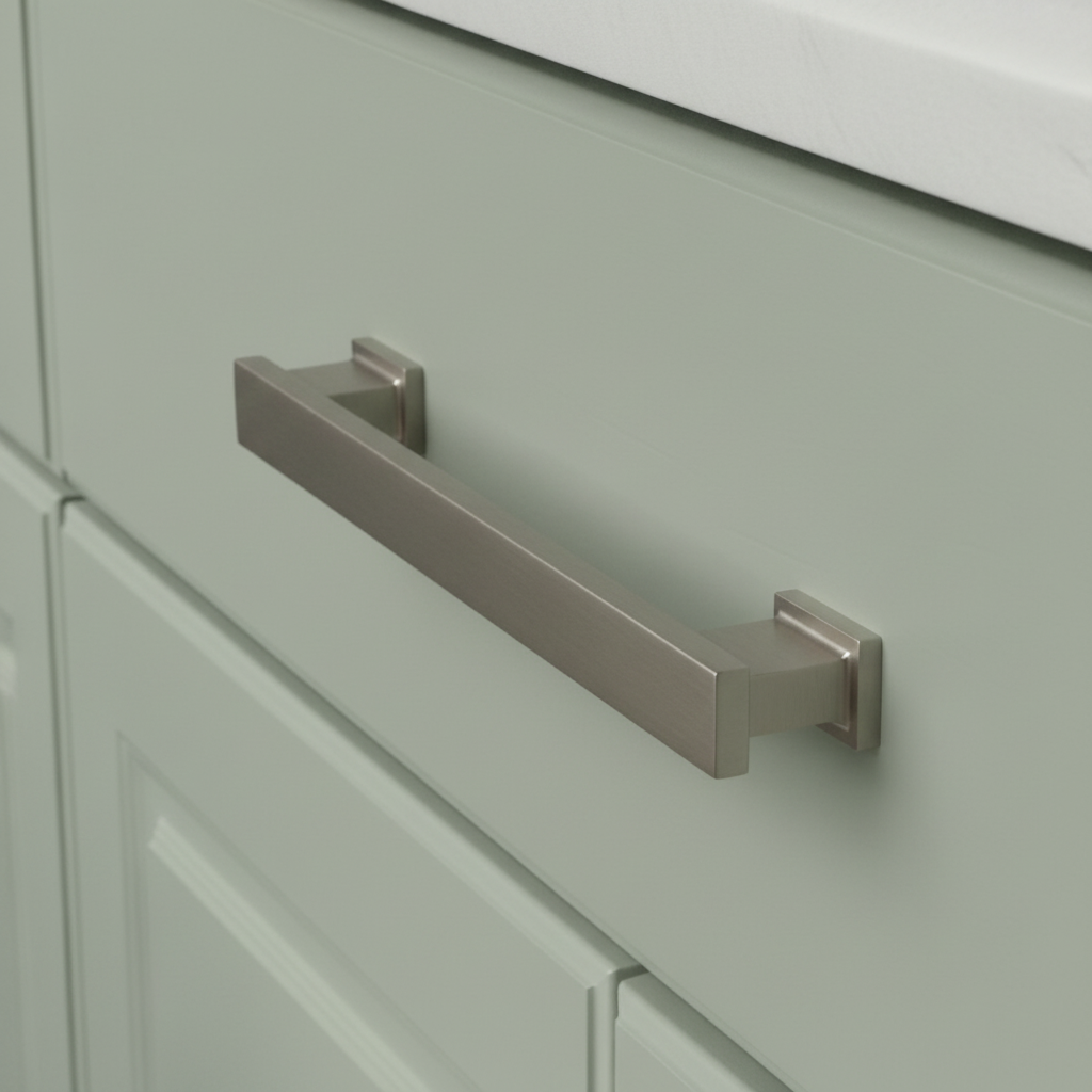 Cabinet handle on a light green cabinet with a white countertop.