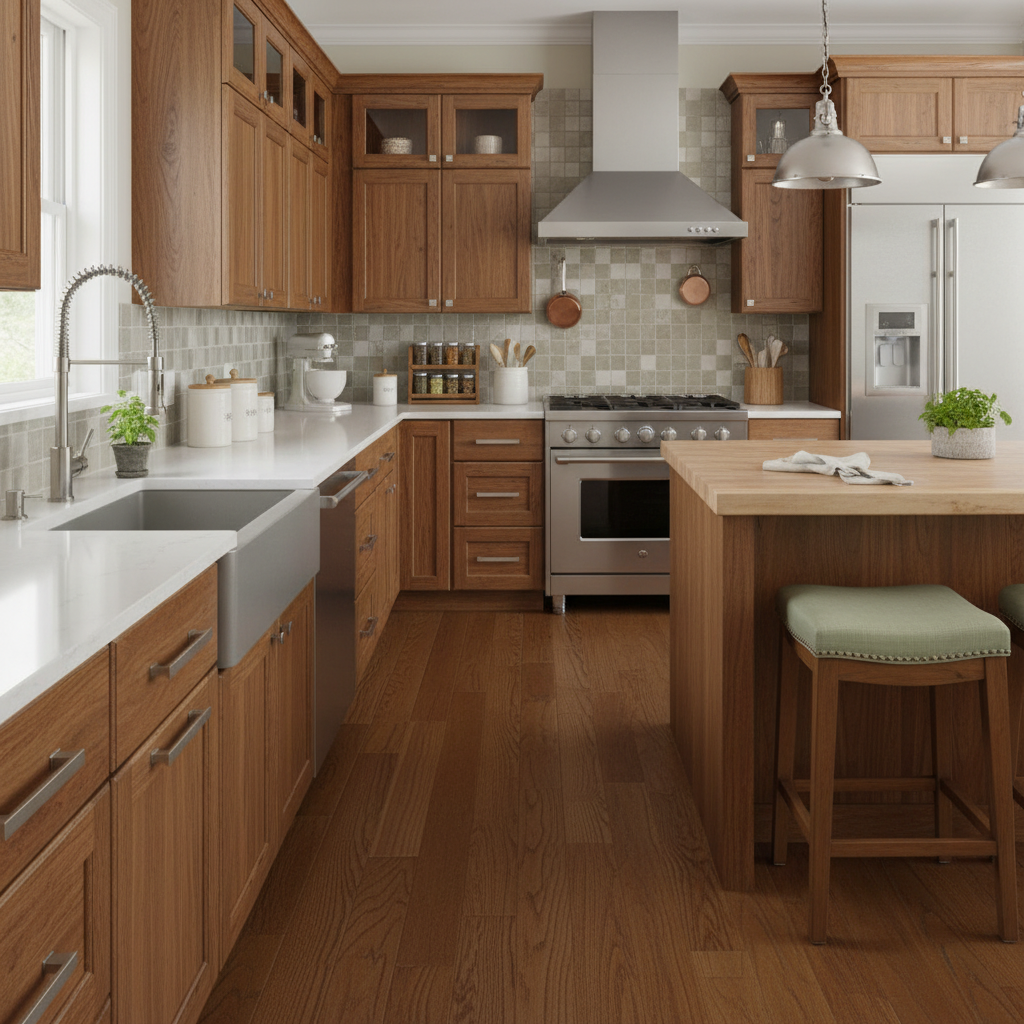 Modern kitchen with wooden cabinets, stainless steel appliances, and a island.