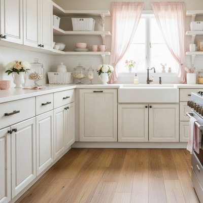 oil rubbed bronze cabinet pulls in a white kitchen with wooden floor, cabinets, and pink decorative elements.