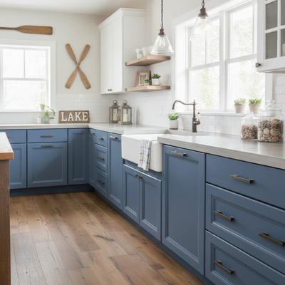 Modern kitchen with blue cabinets, white countertops, and wooden flooring.