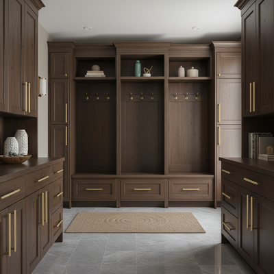 Wooden wardrobe with shelves and drawers in a modern interior setting