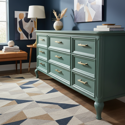 Green dresser with brushed antigold handles in a room with abstract art and a geometric rug.ue 