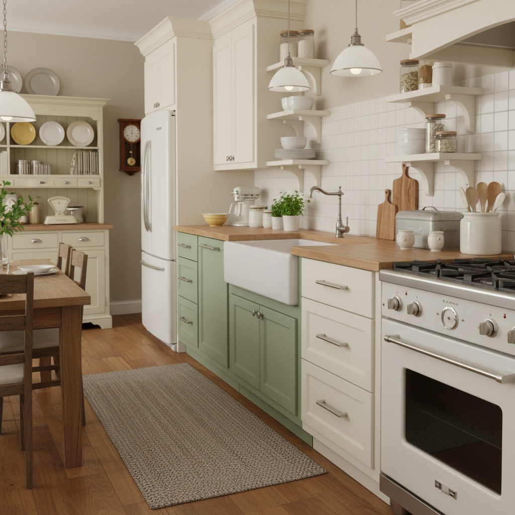 Modern kitchen with white appliances, wooden countertops, and green cabinets.