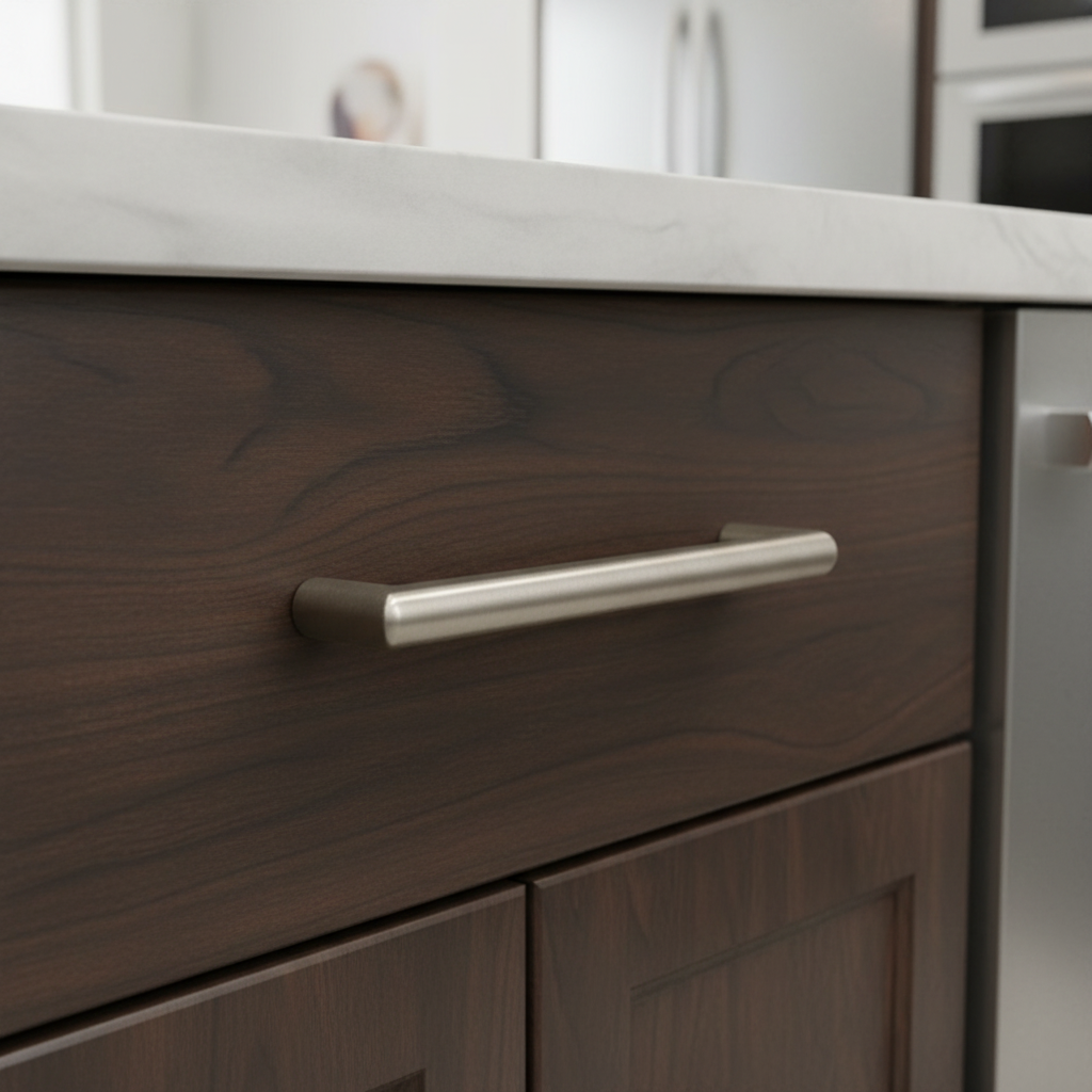 Close-up of a wooden cabinet with a metallic handle in a kitchen setting